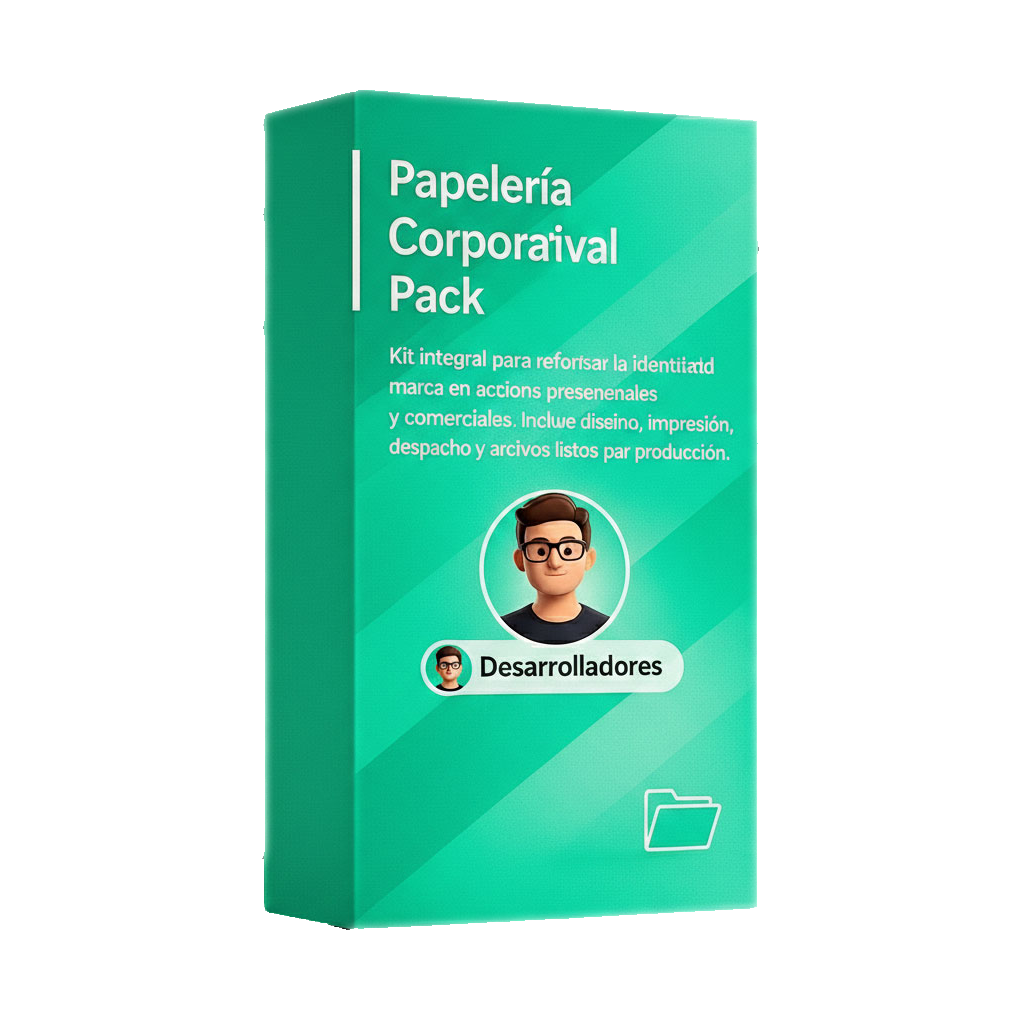 Kit de papelería corporativa profesional con diseño de carpetas, tarjetas, flyers, sobres y merchandising alineado a tu marca