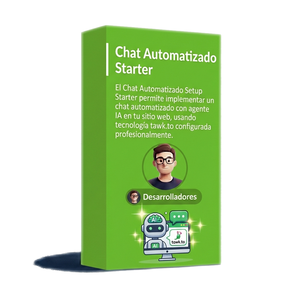 El Chat Automatizado Setup Starter permite implementar un chat automatizado con agente IA en tu sitio web, usando tecnología tawk.to configurada profesionalmente